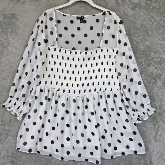Torrid Blouse Womens Plus 2X 2 White Black Polka Dot Smocked Peplum Sheer Top - Picture 1 of 10